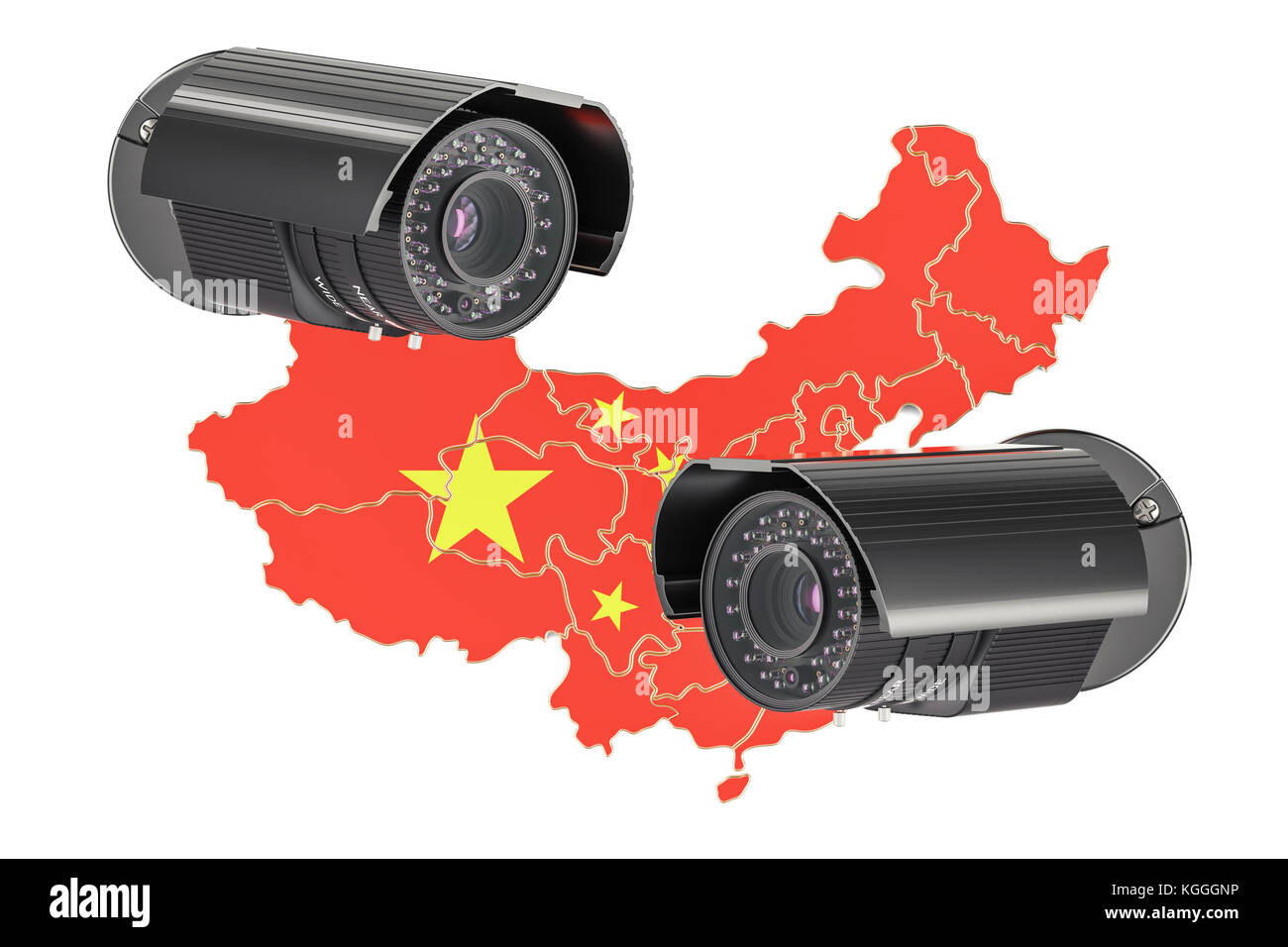 Überwachung und Sicherheit System Konzept in China. 3D-Rendering auf weißem Hintergrund Stockfoto