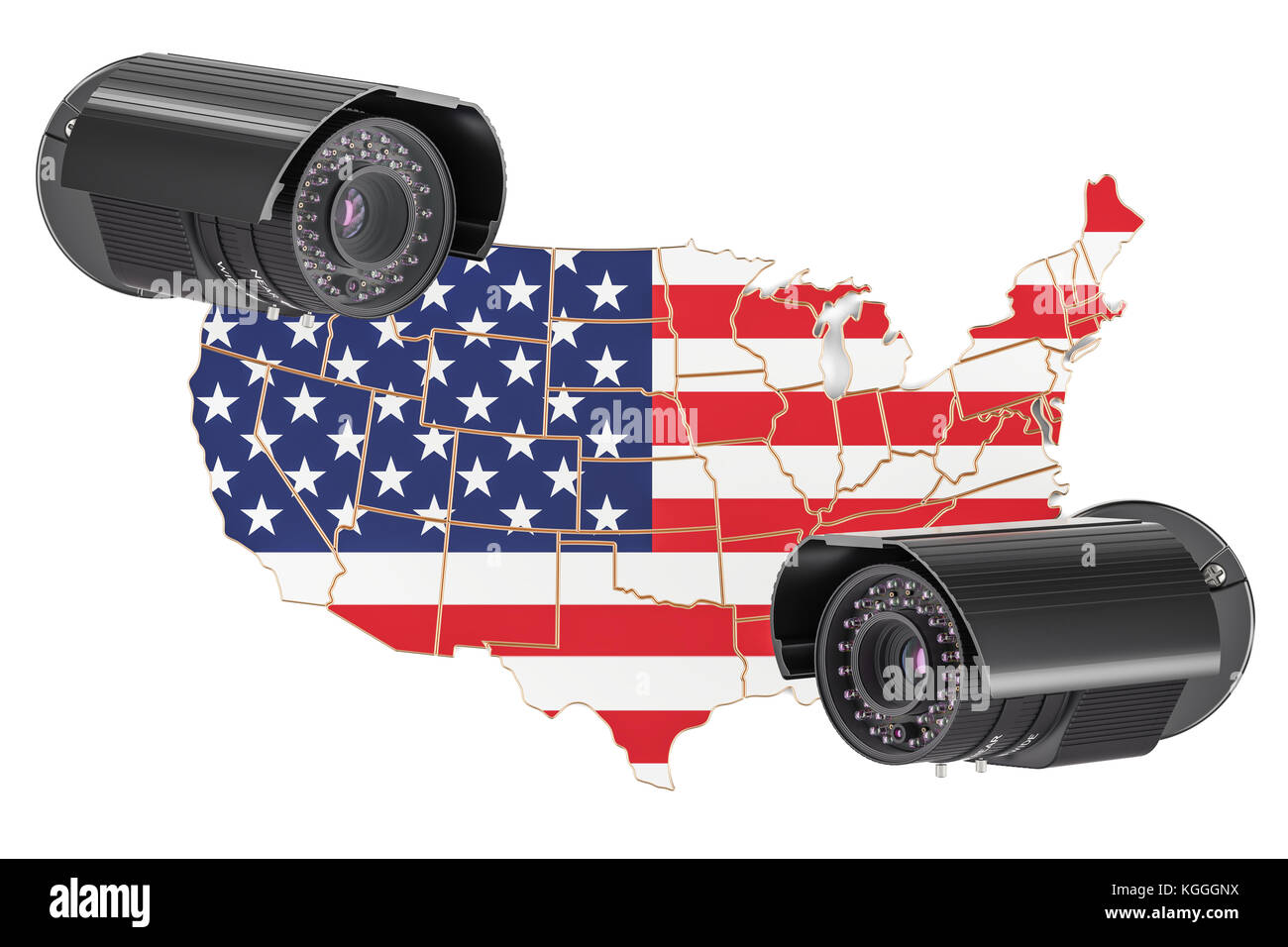 Überwachung und Sicherheit System Konzept in den USA. 3D-Rendering auf weißem Hintergrund Stockfoto