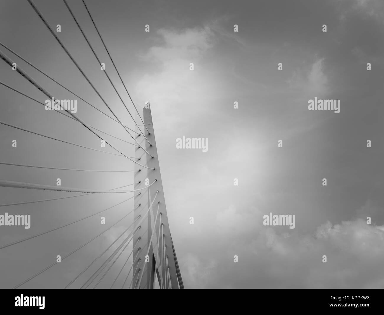 Erasmus Brücke helle weiße Struktur und bleibt die Hintergrundbeleuchtung am späten Nachmittag Sonne und bewölkter Himmel monochrom. Stockfoto