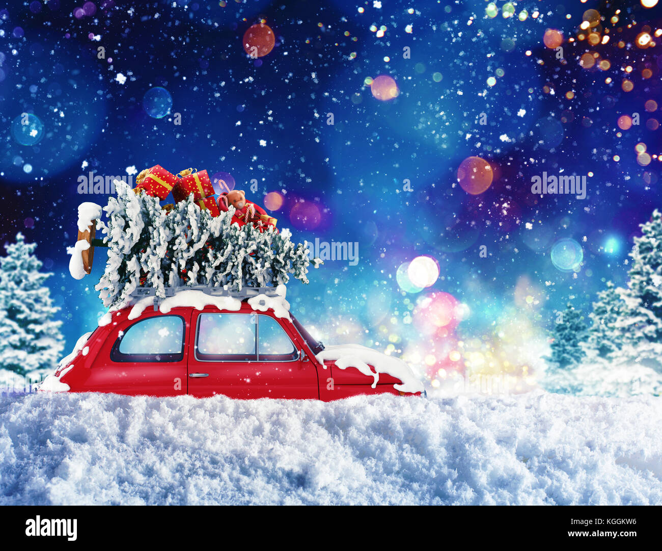 Oldtimer mit Weihnachtsbaum und Geschenke mit Nachtlicht. 3D-Rendering Stockfoto