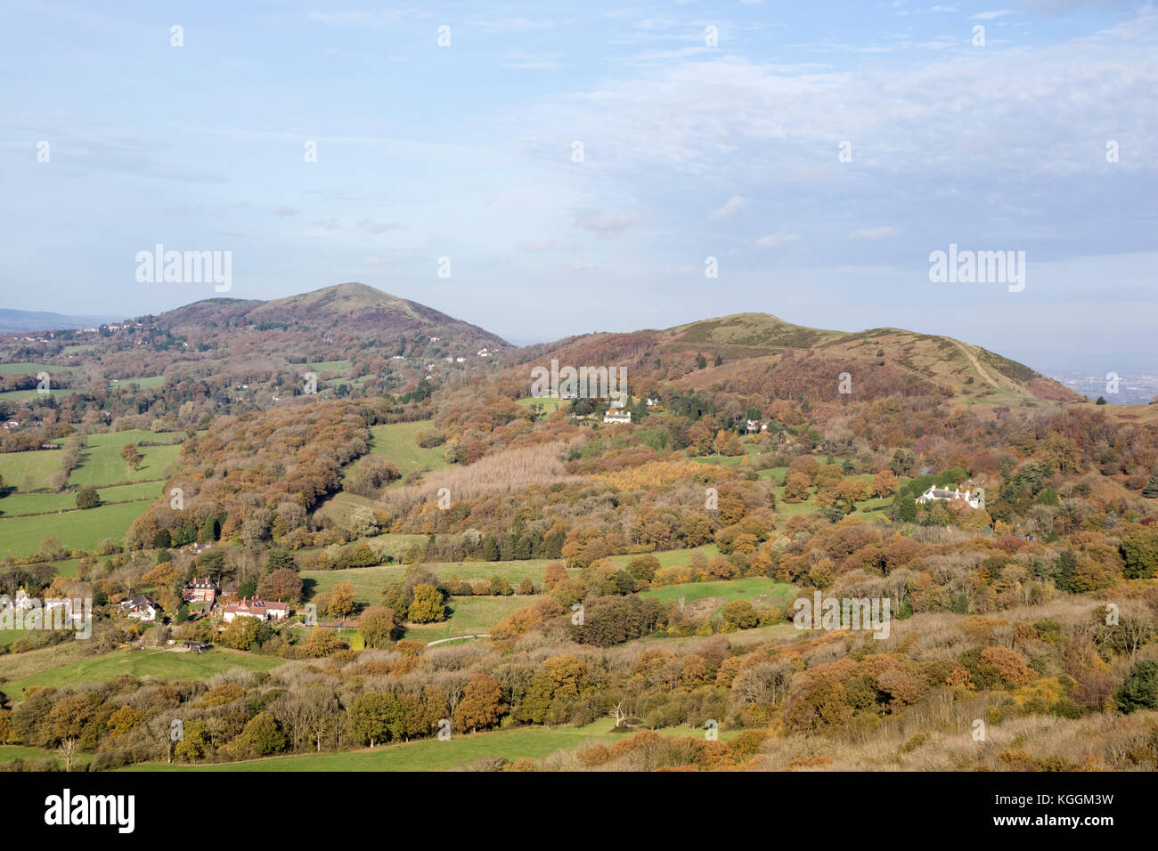 Herbst über die Malvern Hills Blick nach Norden von der Britischen Camp, Herefordshire, England Großbritannien Stockfoto