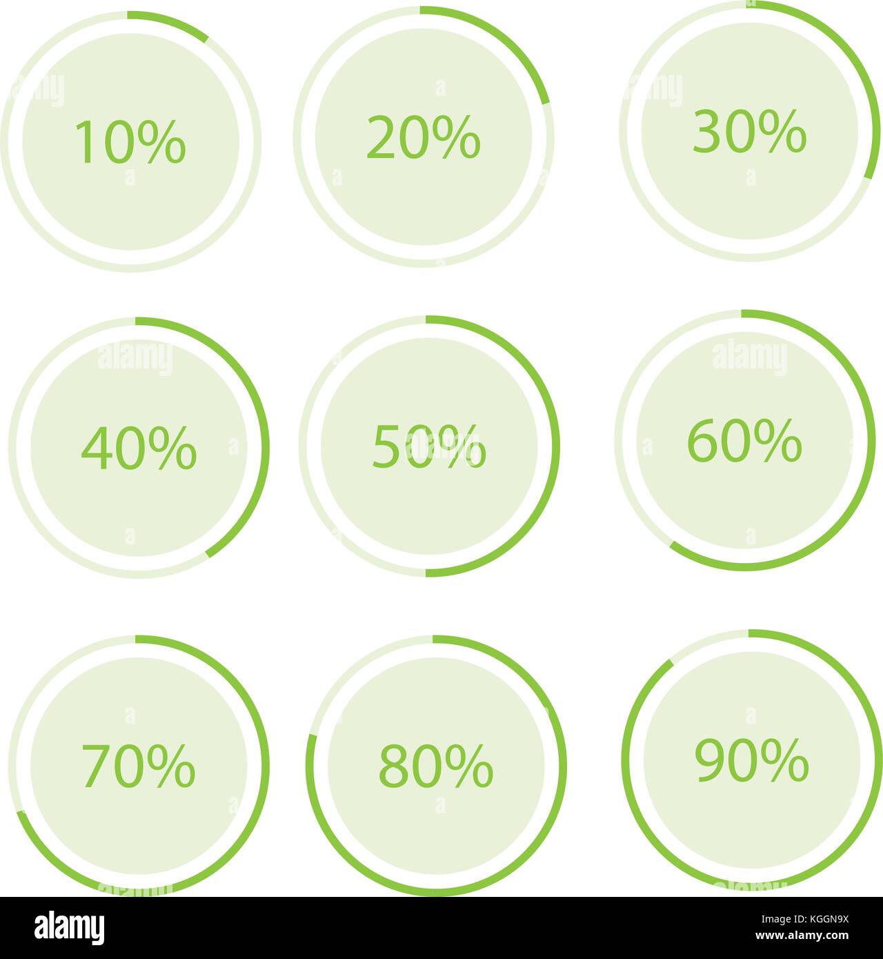 Vector Illustration grüne runde, Kreis Kreisdiagramm, Chart mit Prozentsatz 10 20 25 30 40 50 60 70 75 80 90 100 % Icon Set Stock Vektor