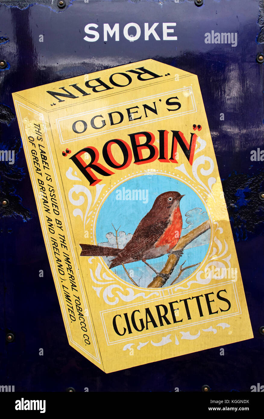 Ein vintage Zeichen aus den 1920er und 1930er Jahren Werbung Ogden's, Robin Zigaretten, England, Großbritannien Stockfoto