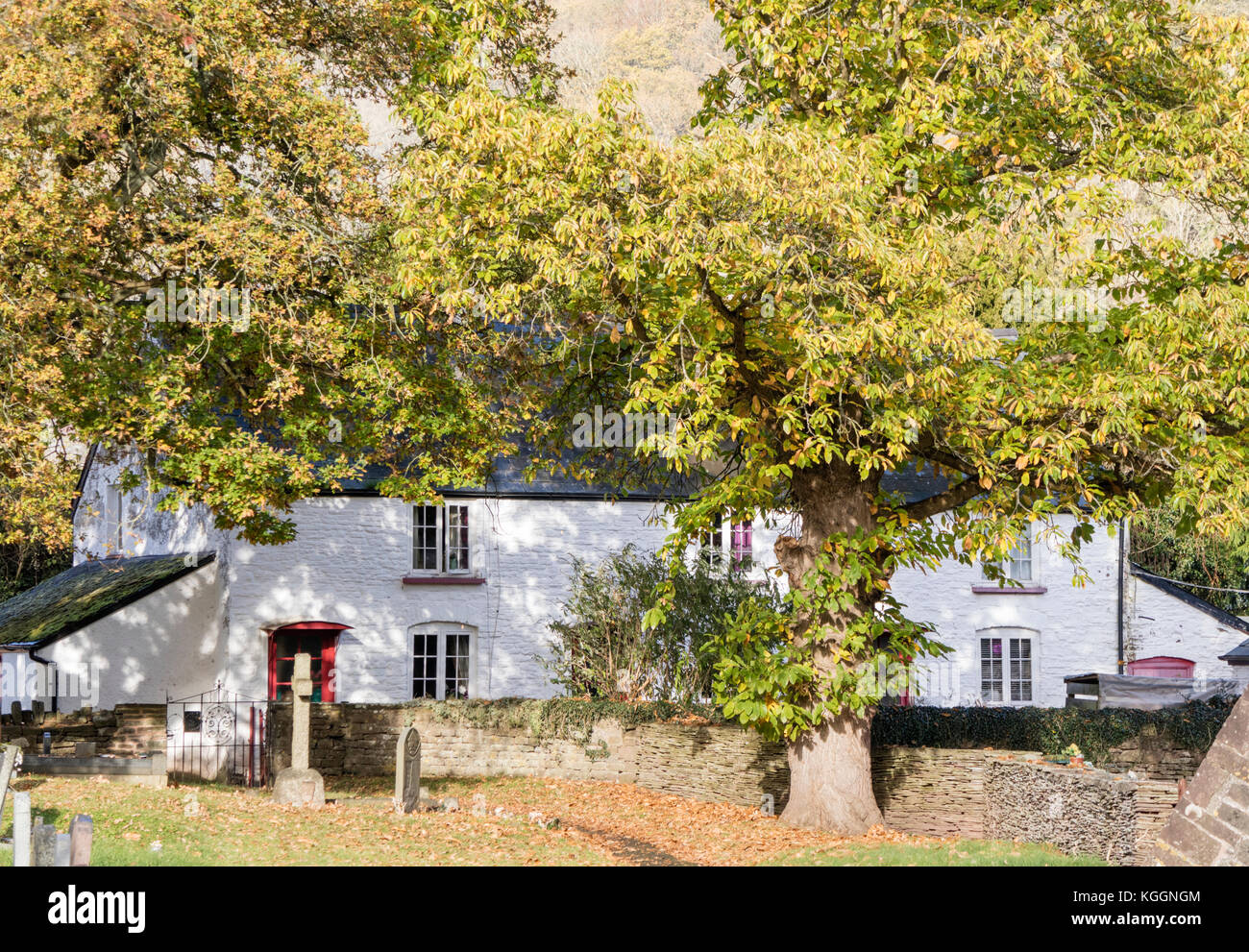 Traditionelle Bauernhaus aus Stein in der Ortschaft Skenfrith, Monmouthshire, Wales, Großbritannien Stockfoto