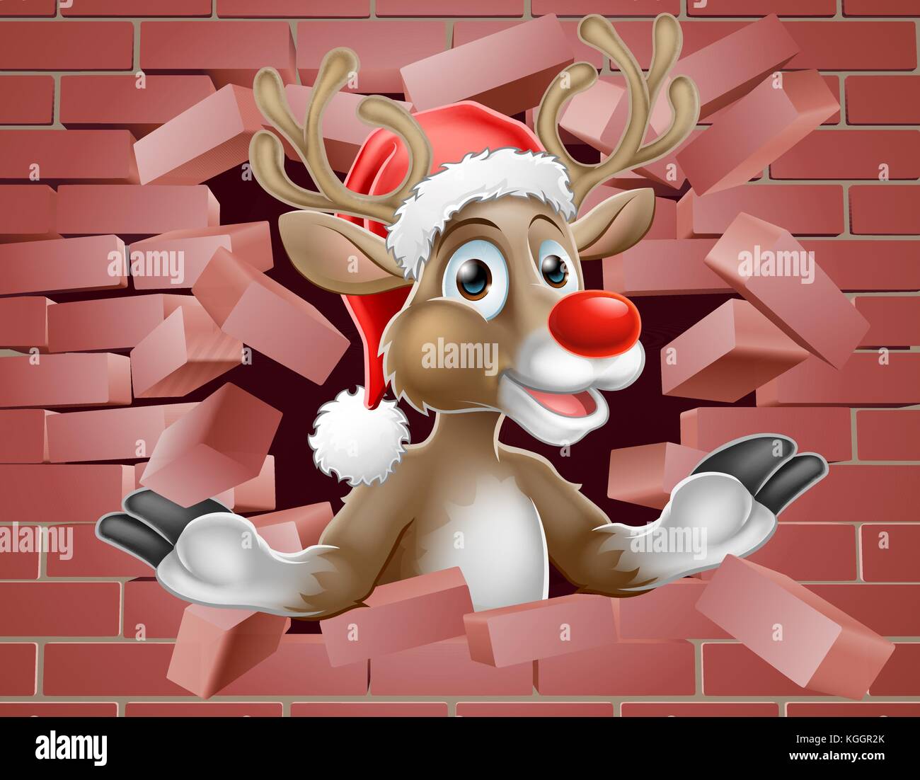 Santa Hat Rentier Cartoon Breaking Brick Wall Stock Vektor