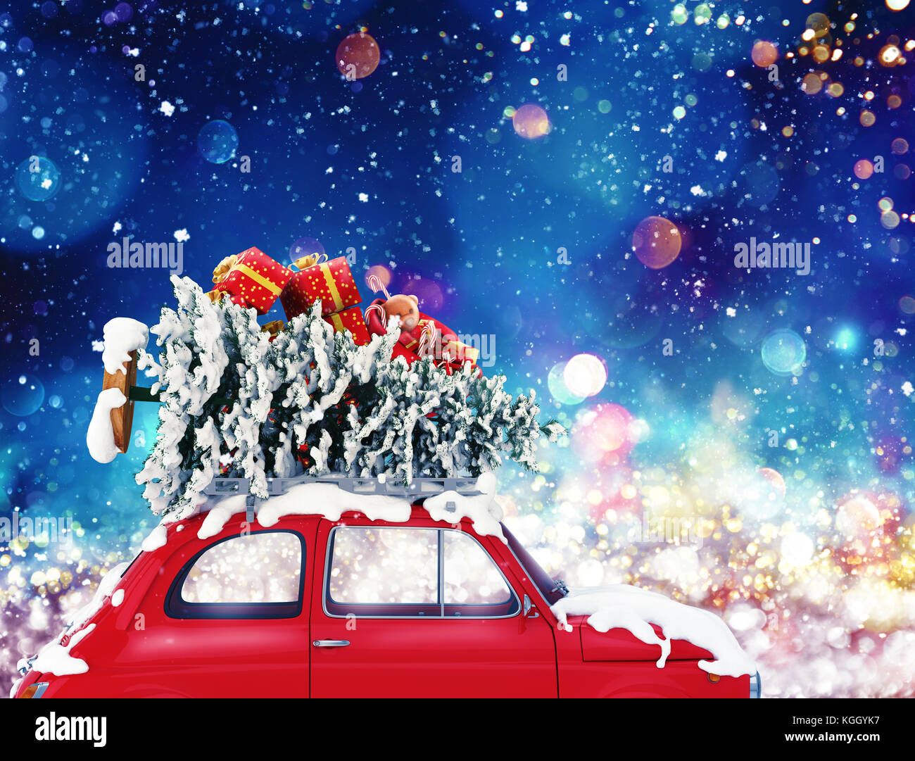 Oldtimer mit Weihnachtsbaum und Geschenke mit Nachtlicht. 3D-Rendering Stockfoto