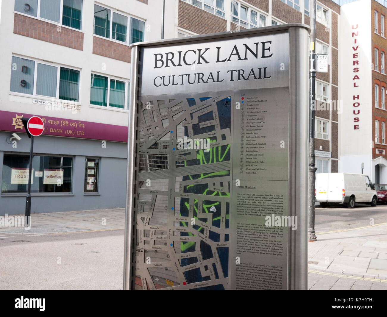 Brick Lane kulturellen trail Schild am Eingang zu Brick Lane in spitalfields in London zeigen, touristische Informationen und Sehenswürdigkeiten in der Nähe Stockfoto