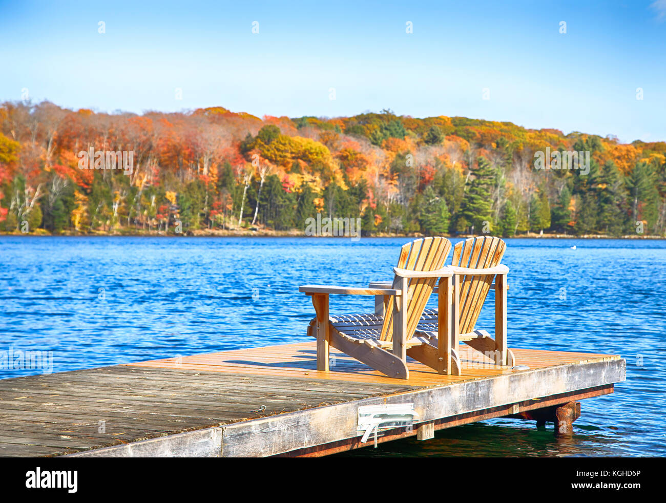 Zwei Muskoka Stühle auf einem Holz Dock an einem blauen See Stockfoto