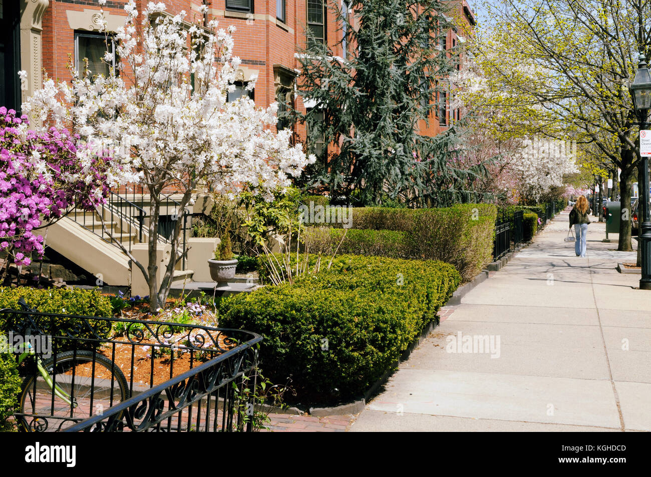Frühling in Back Bay, Boston. eleganten Gärten, breite Bürgersteige, backsteingebäuden und Ziegelstein Wohnhäuser, viktorianische Architektur. Stockfoto