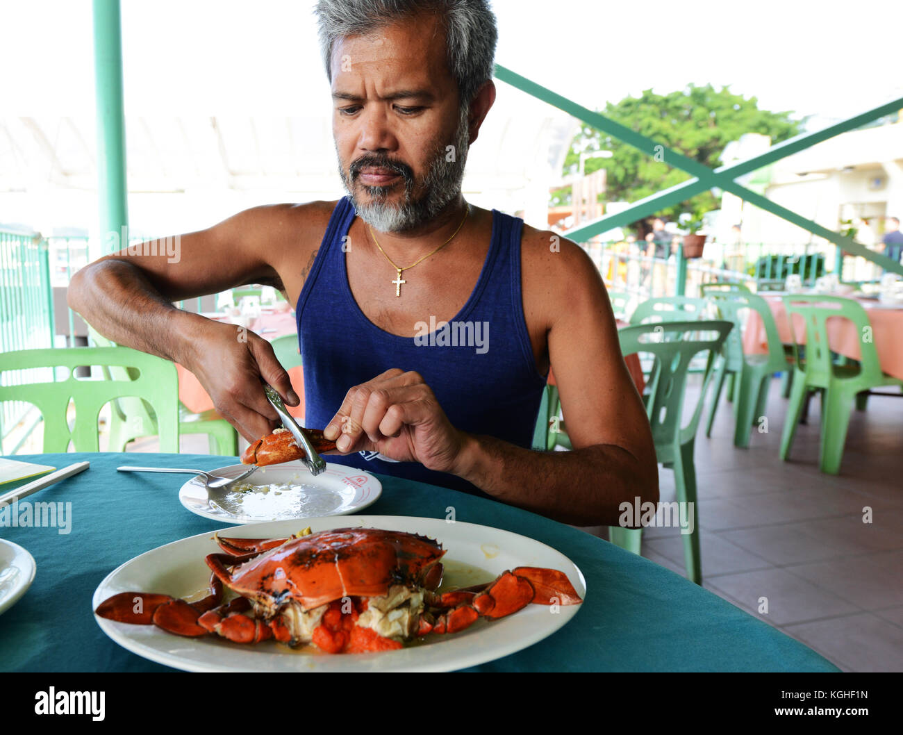 Ein Tourist mit einem weiblichen Krabbe mit ihren Eiern. Stockfoto