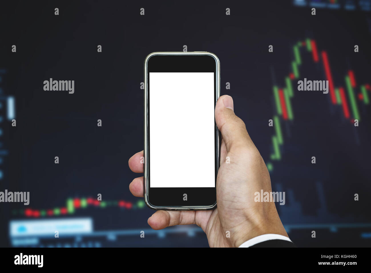 Hand, Smart Phone, leeren weißen vertikalen Bildschirm, Börse grafik hintergrund Stockfoto