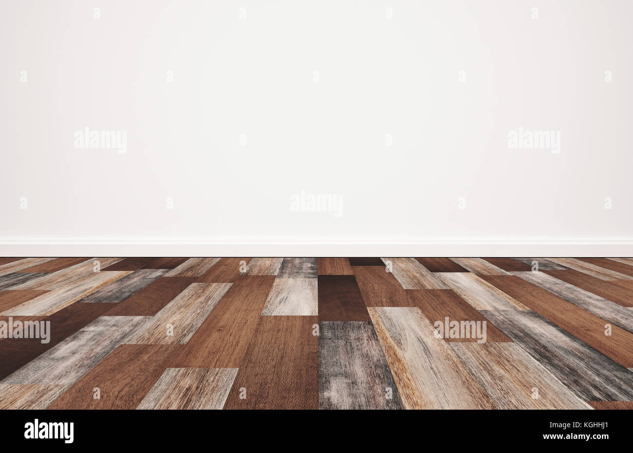Bodenplatte aus Holz mit weißen Wand, leeren Raum Hintergrund Stockfoto