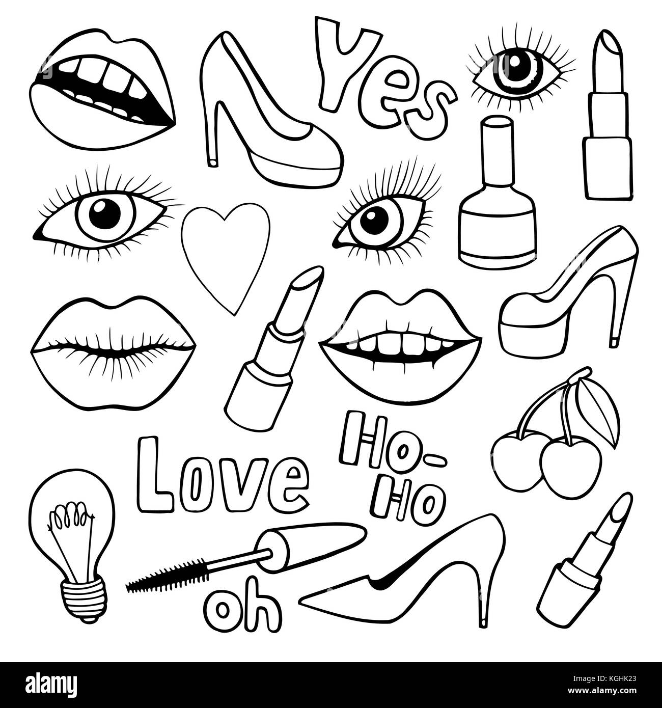 Monochrome Mode schrulligen Cartoon doodle patch Abzeichen mit niedlichen Elemente. isoliert. Satz Aufkleber, Pins im Comic-stil von 80 s90. Stock Vektor