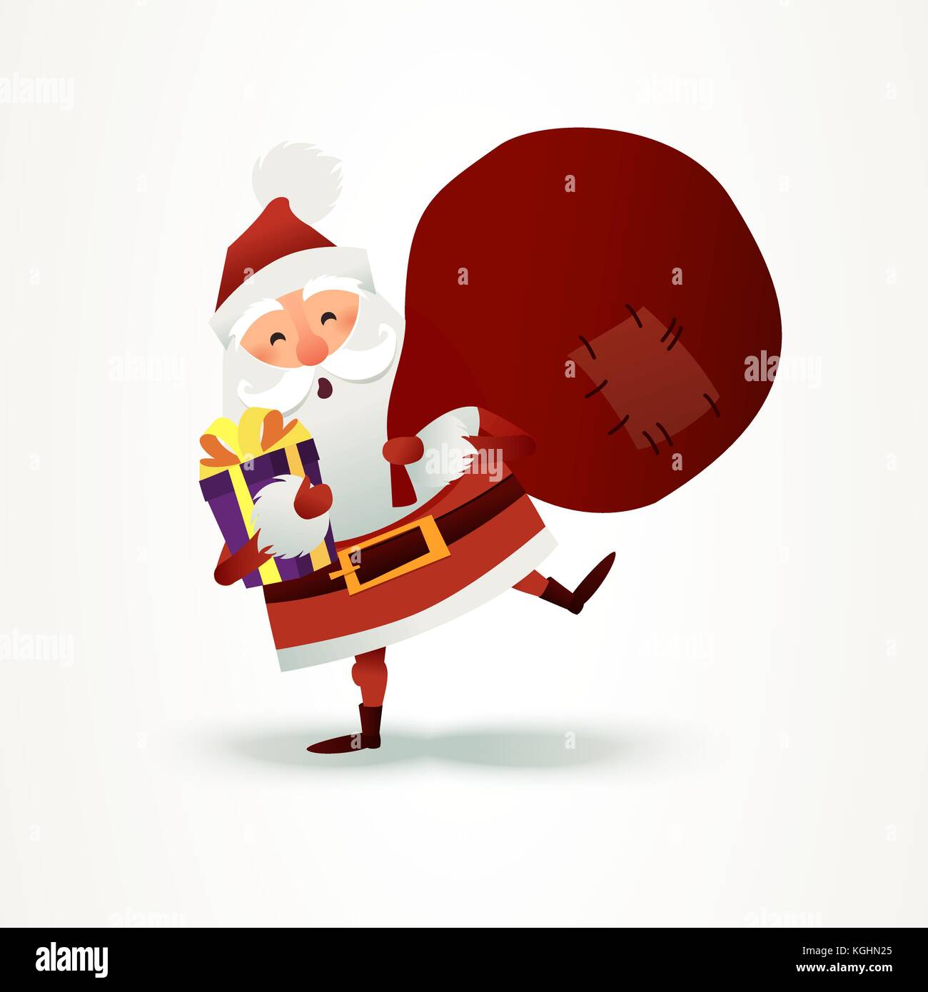 Weihnachtsmann mit Sack voller Geschenk und Geschenkbox. Frohe Weihnachten Vater Cartoon-Figur. Niedlicher Weihnachtsmann für das Weihnachtsdesign. Grußkarte für das neue Jahr zur Einladung, herzlichen Glückwunsch. Flache Vektorgrafik. Ho, Ho, Ho Stock Vektor