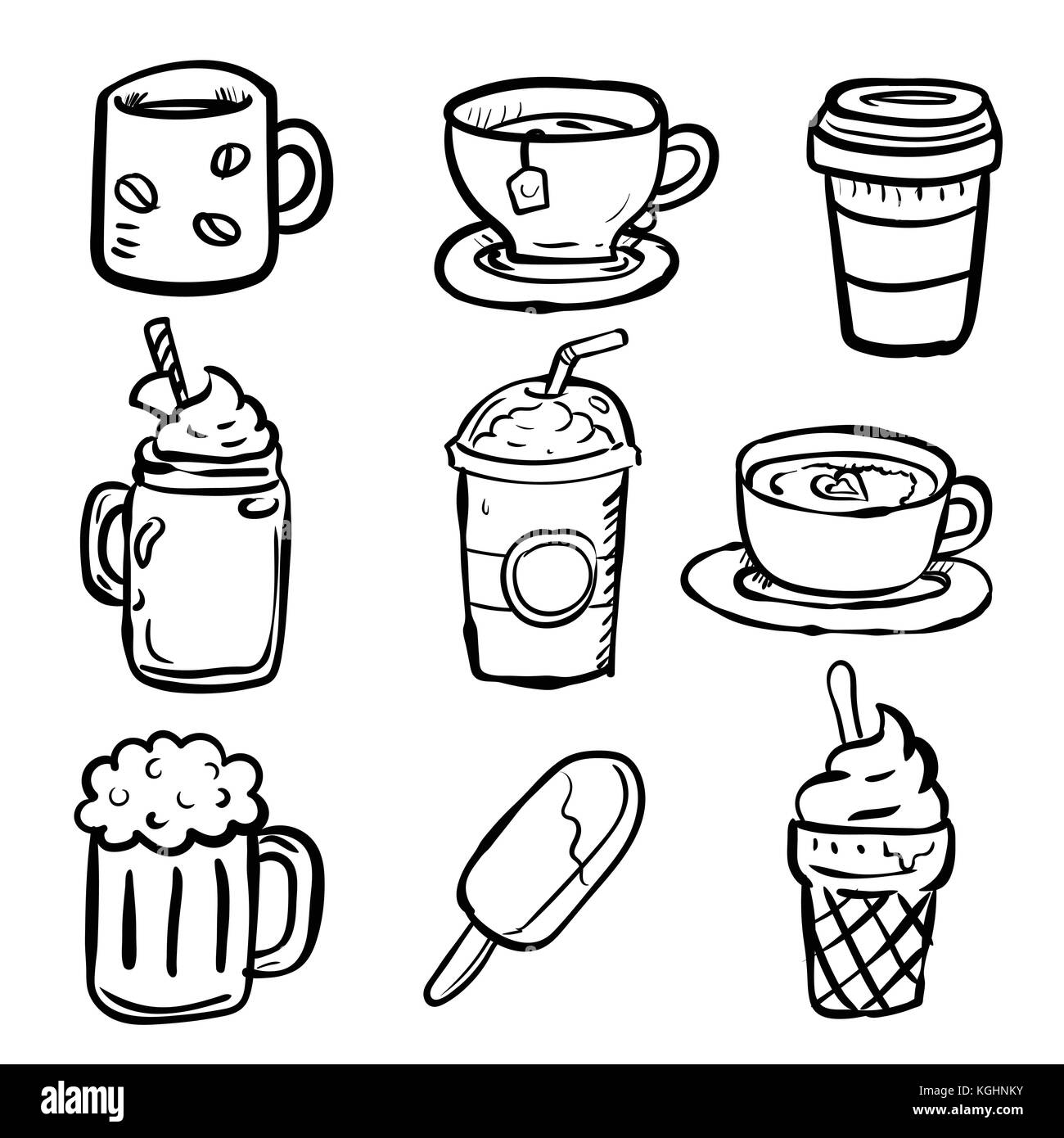 Stellen Sie Getränke Doodle, warmen Getränken, Kaffee, Tee, Bier, Schale und Eis-vector Hand gezeichnet Stock Vektor