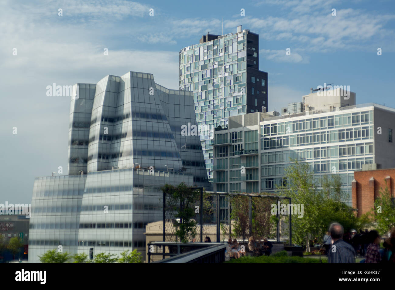 100 11 Avenue von der High Line, einer erhöhten Park auf der west Side von Manhattan gesehen. Stockfoto