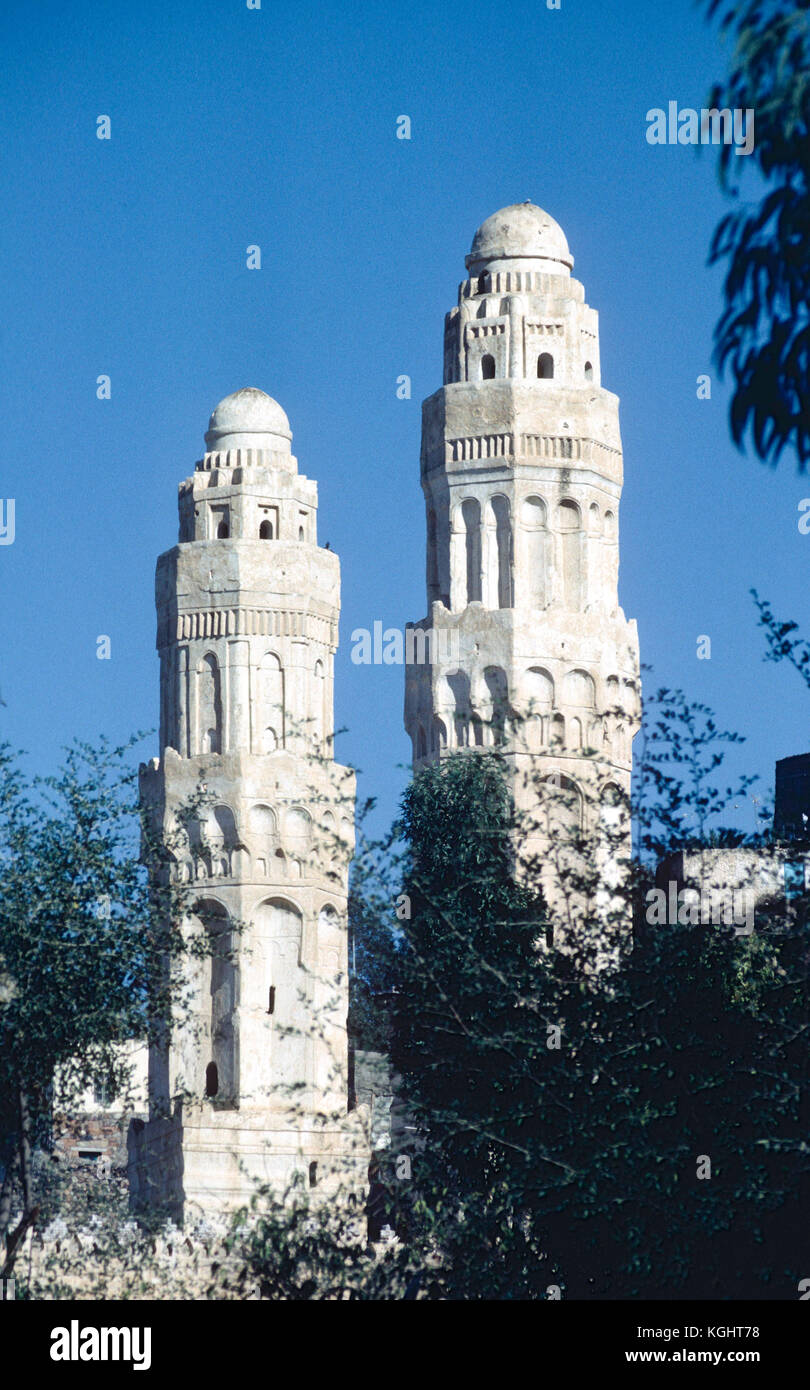 Minarette, Ashrafiyya Moschee und Madrasa, Taizz oder Taiz, Jemen Stockfoto
