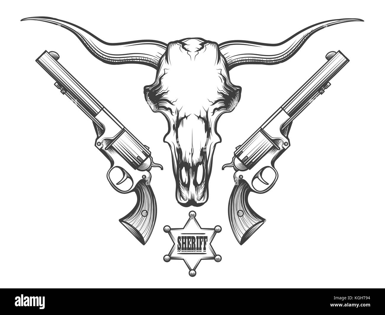 Bisonschädel mit zwei Revolvern und Sheriff Badge in Gravur Art gezeichnet. Vector Illustration. Stock Vektor