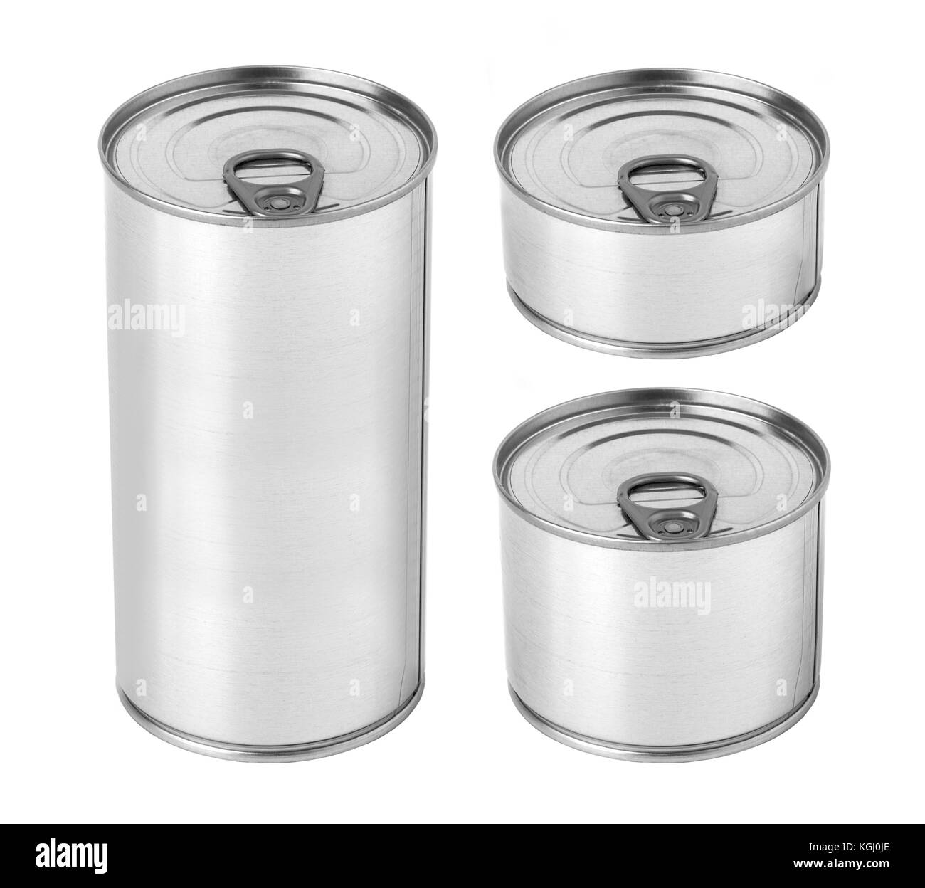 Blechdose mit Ring ziehen für Konserven, Fleisch, Gemüse, Obst, Fisch, Pickles, Sauce, Creme. Vorlage bereit für Ihr Design. isoliert auf weißem Hinterg Stockfoto
