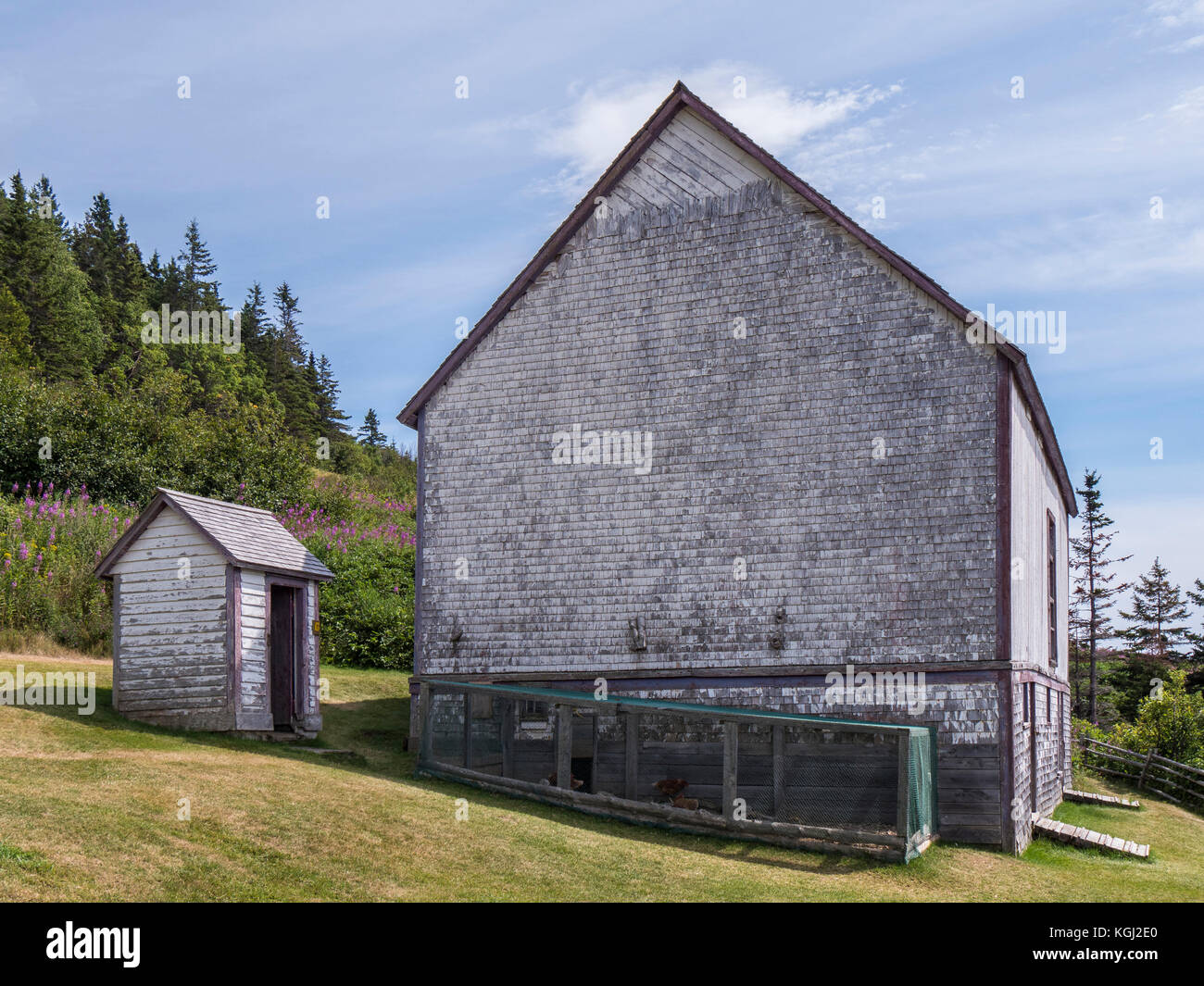 Gebäude in L'Anse Blanchette, Heimat von Xavier Blanchette, Forillon National Park, Gaspe Halbinsel, Kanada. Stockfoto