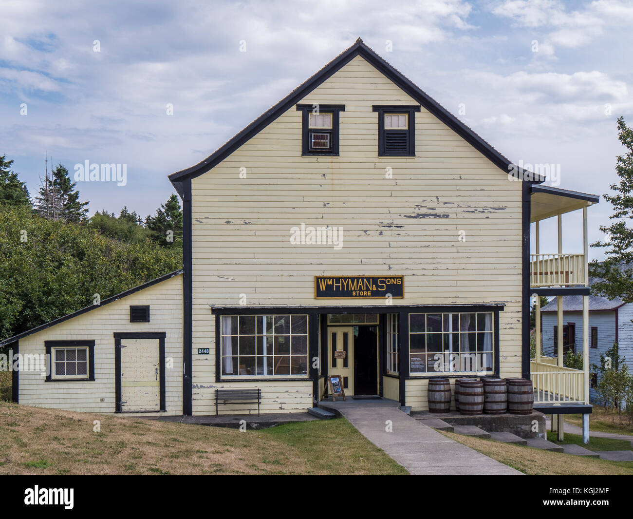 Historische Hyman und Söhne Store und Lager, Forillon National Park, Gaspe Halbinsel, Kanada. Stockfoto