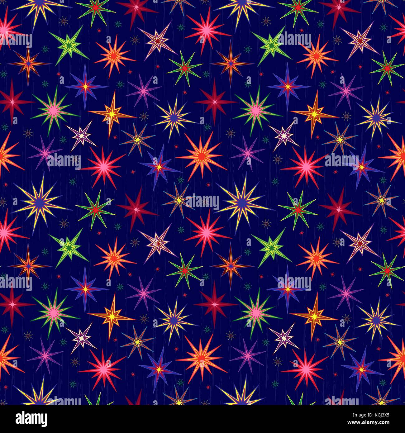 Die nahtlose Vektor starry Muster mit multicolor stilisierte Sternen auf blauem Hintergrund Stock Vektor