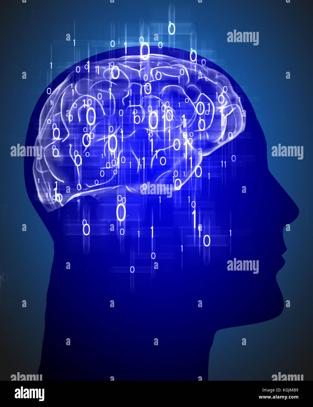 Menschlichen Kopf mit Gehirn und Binärcode Stockfoto