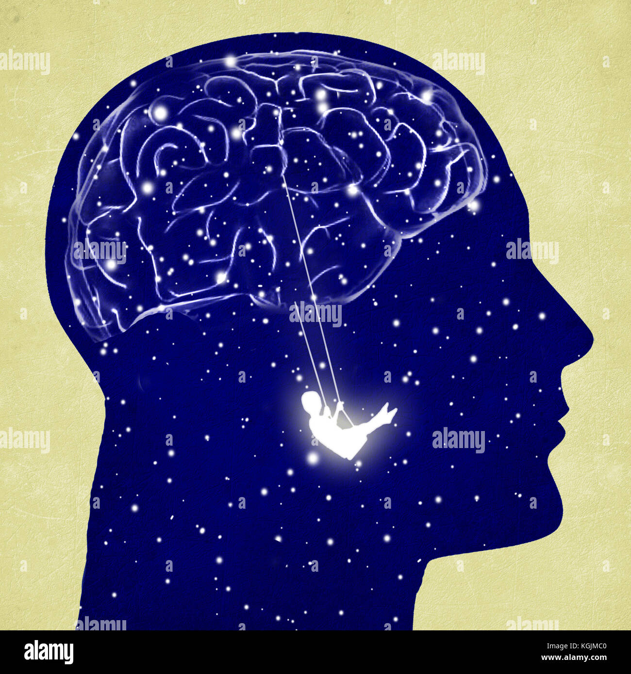 Kopf Silhouette mit Gehirn und digitale Illustration Schwingen Stockfoto