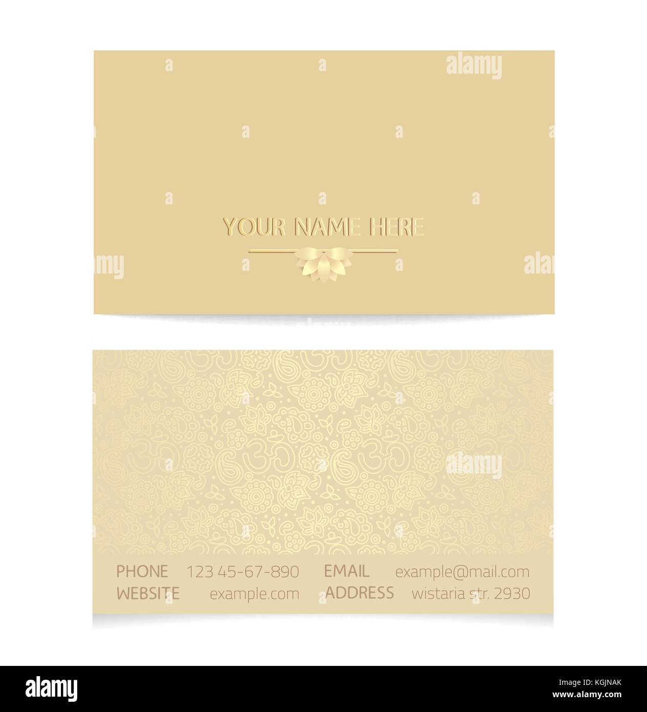 Vektor golden horizontalen Business Card template-gold Seide Druck von Vorder- und Rückseite - Lotus und paisley Ornament mit Kopie Raum Stock Vektor