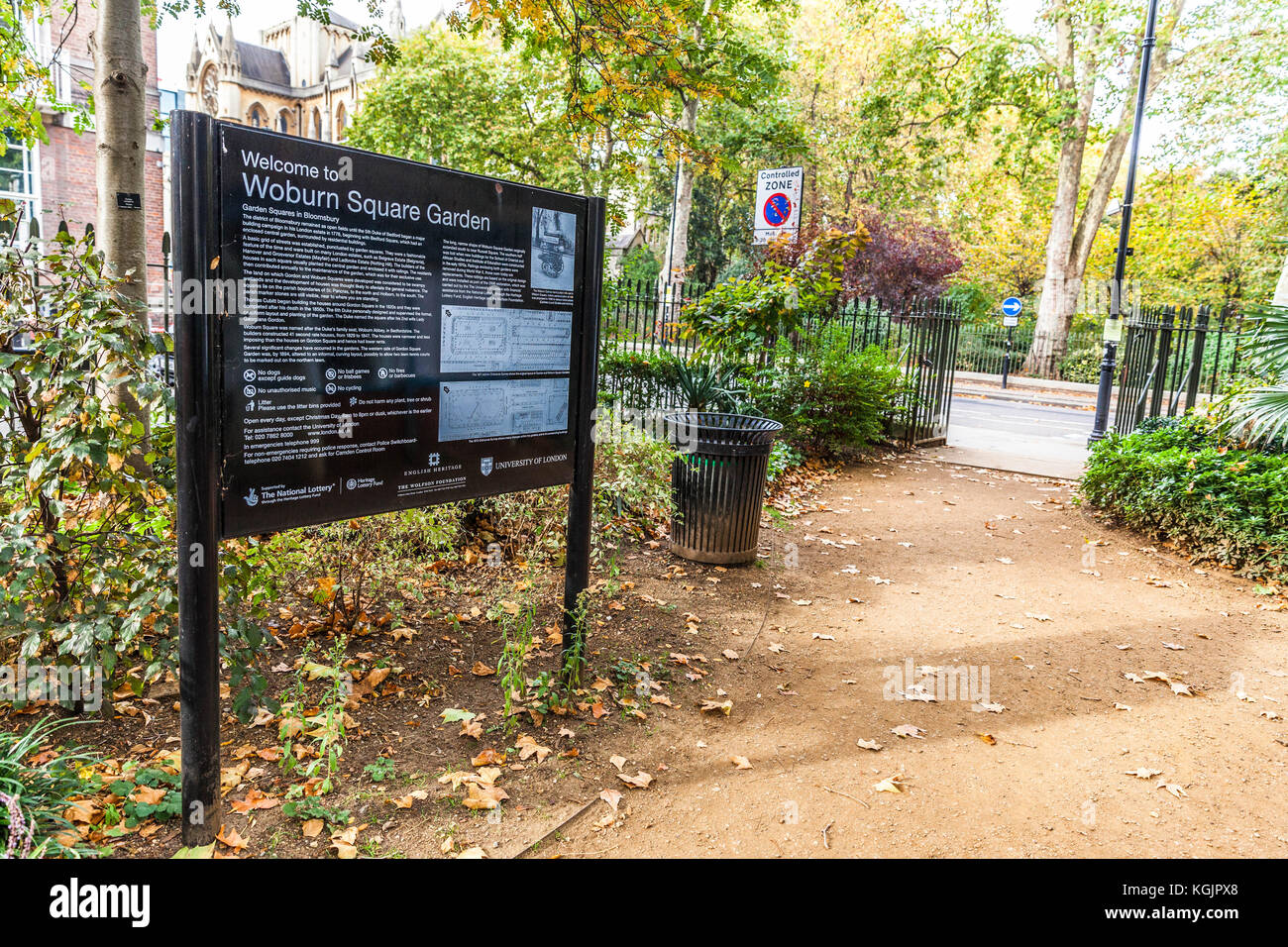 Woburn Square Garden Zeichen, Bloomsbury, London, England, UK. Stockfoto