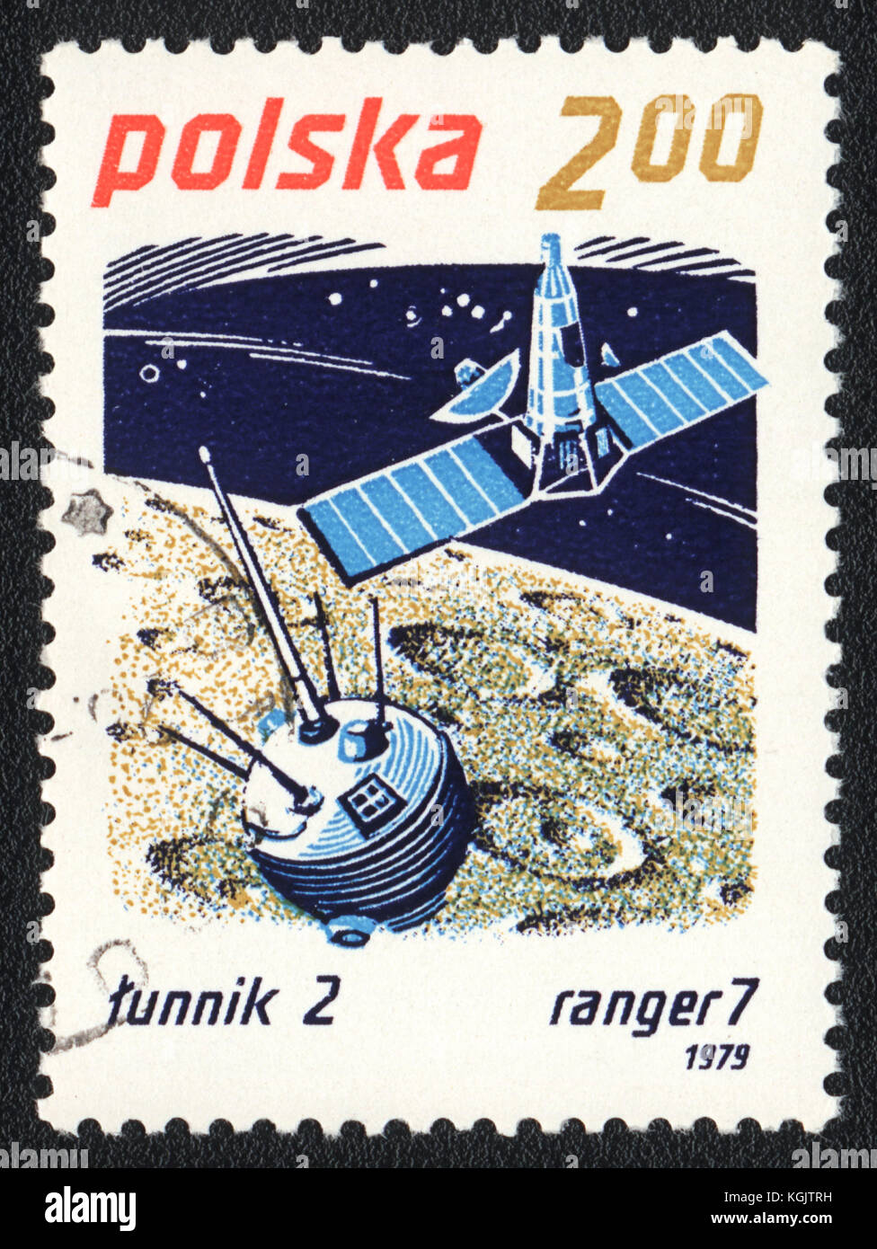 Eine in Polen gedruckte Briefmarke zeigt Tunnik 2 und Ranger 7 auf der Mondoberfläche, um 1979 Stockfoto