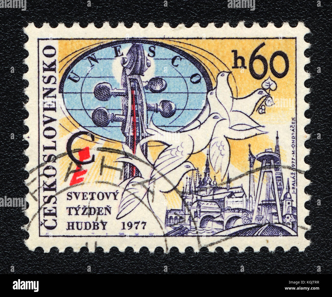Eine Briefmarke in der Tschechoslowakei zeigt Welt Musik Woche gedruckt, ca. 1977 Stockfoto