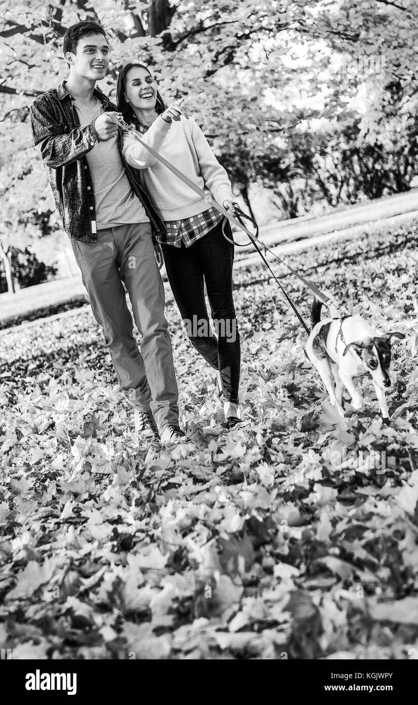 Glückliches junges Paar mit zwei niedlichen Hunde gehen im Park an einem schönen Herbsttag Stockfoto
