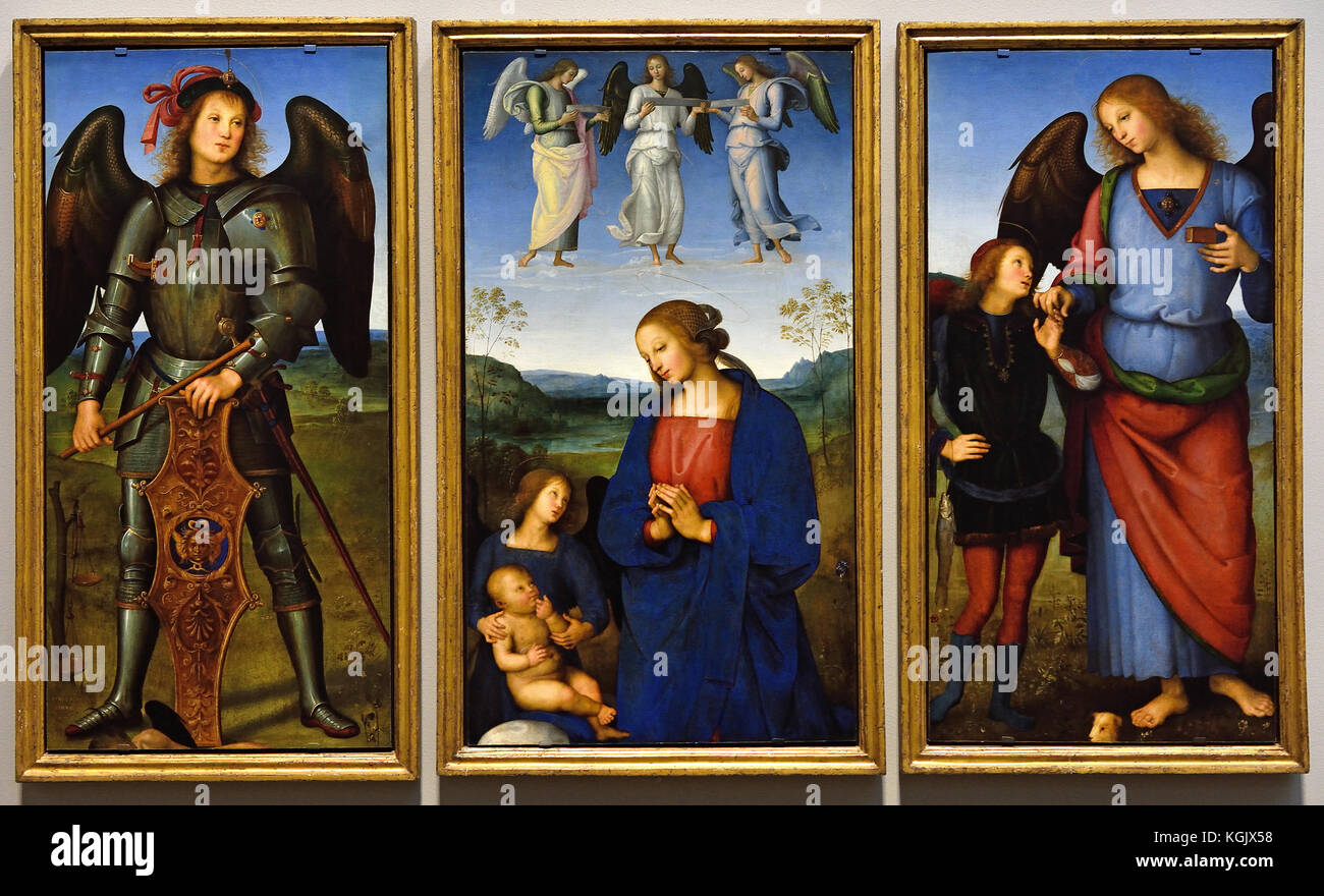 Der Erzengel Michael - Der Jungfrau und Kind mit einem Engel - Erzengel Raphael mit Tobias 1496-1500 Pietro Perugino 1469 - 1523 geboren Pietro Vannucci, war ein italienischer Renaissance Maler der Umbrischen Schule, Italien. Stockfoto