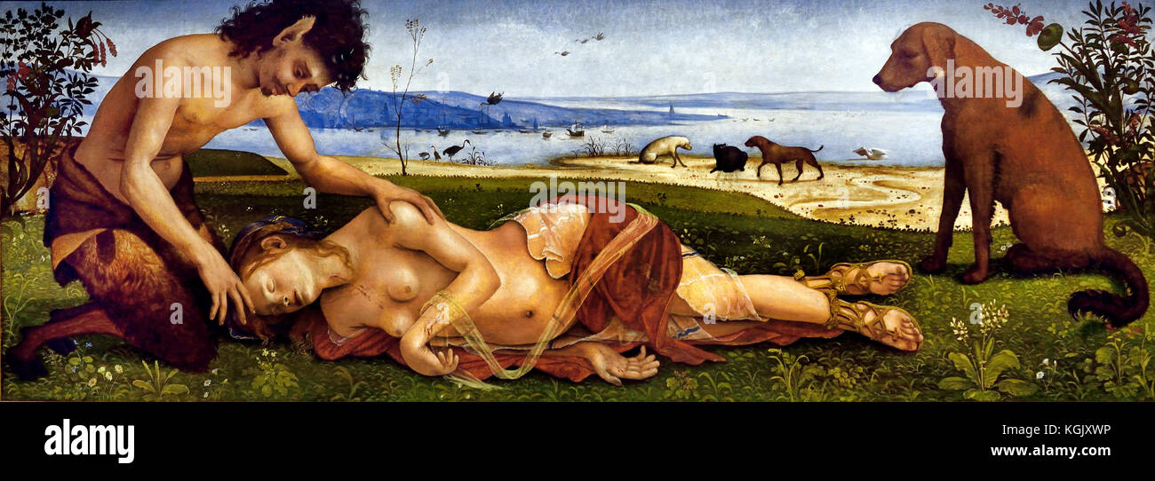 Ein Satyr Trauer um eine Nymphe, (der Tod von Procris) 1495, Piero di Cosimo (Piero di Lorenzo) 1462 - 1522, florentinischen Maler der italienischen Renaissance, Florenz, Italien. Stockfoto