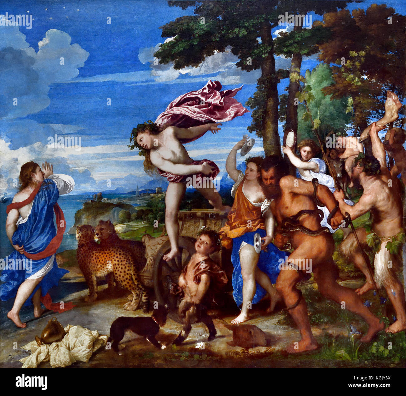 Bacchus und Ariadne 1520-3 von Tizian - Tiziano Vecelli oder Tiziano Vecellio 1515 - 1517 Venedig Italien Italienisch (Bacchus, der Gott des Weines, mit seinen Anhängern aus der Landschaft auf der rechten Seite auftaucht. Verlieben in Ariadne auf Sicht) Stockfoto