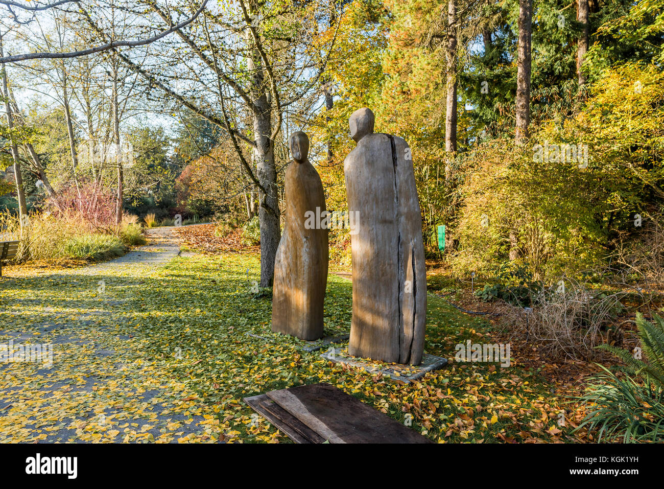 Holz Skulptur, VanDusen Botanical Garden, Vancouver, British Columbia, Kanada. Stockfoto