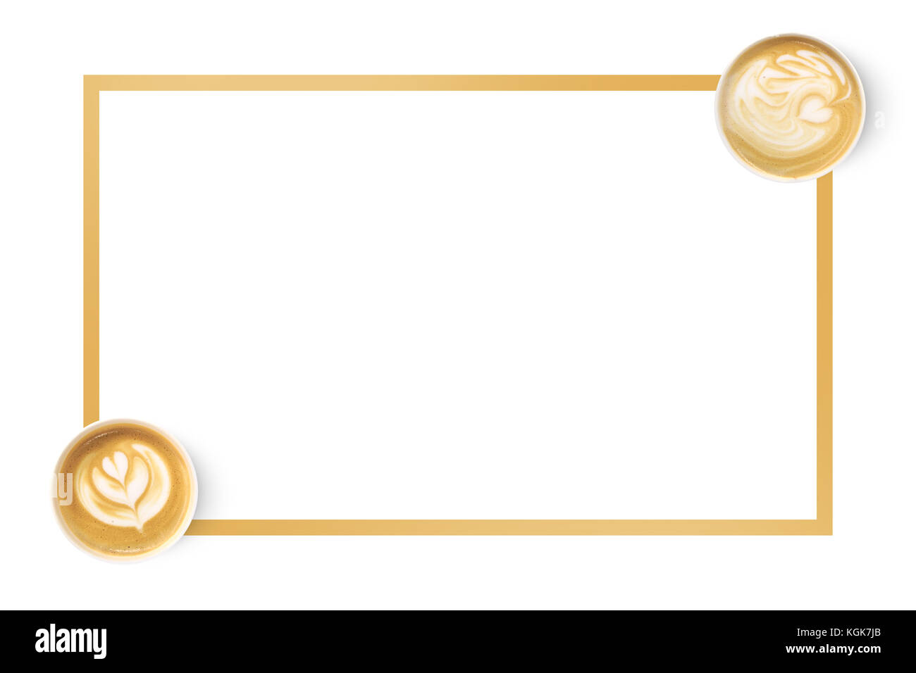 Blick von oben auf die Blume anmelden, die Tasse Kaffee mit Copy space frame Mock up-Bereich, auf weißem Hintergrund. Stockfoto