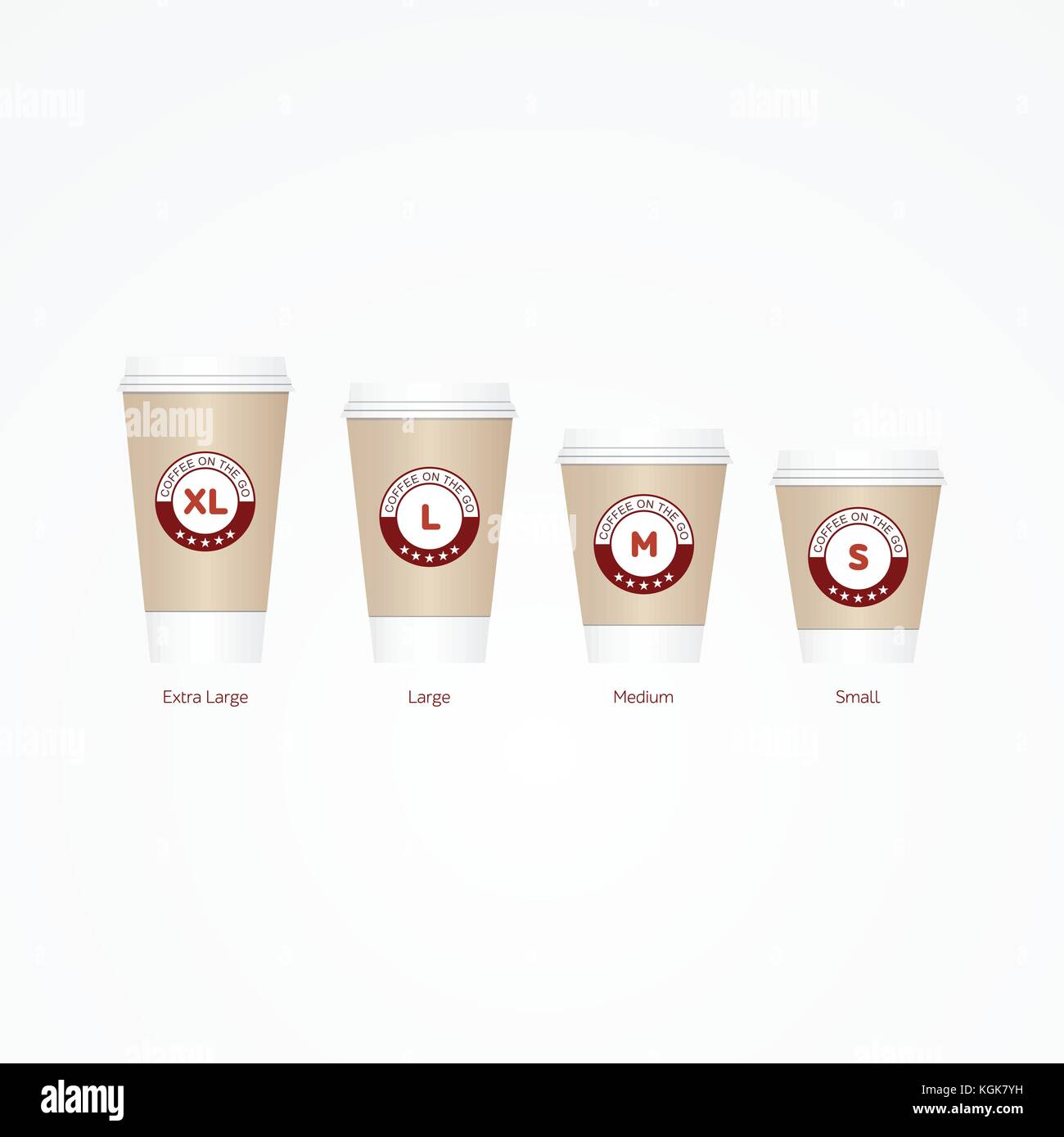 Kaffee auf der go Tassen. verschiedene Größen nehmen Sie Papier Kaffeetassen Vector Illustration. Stock Vektor