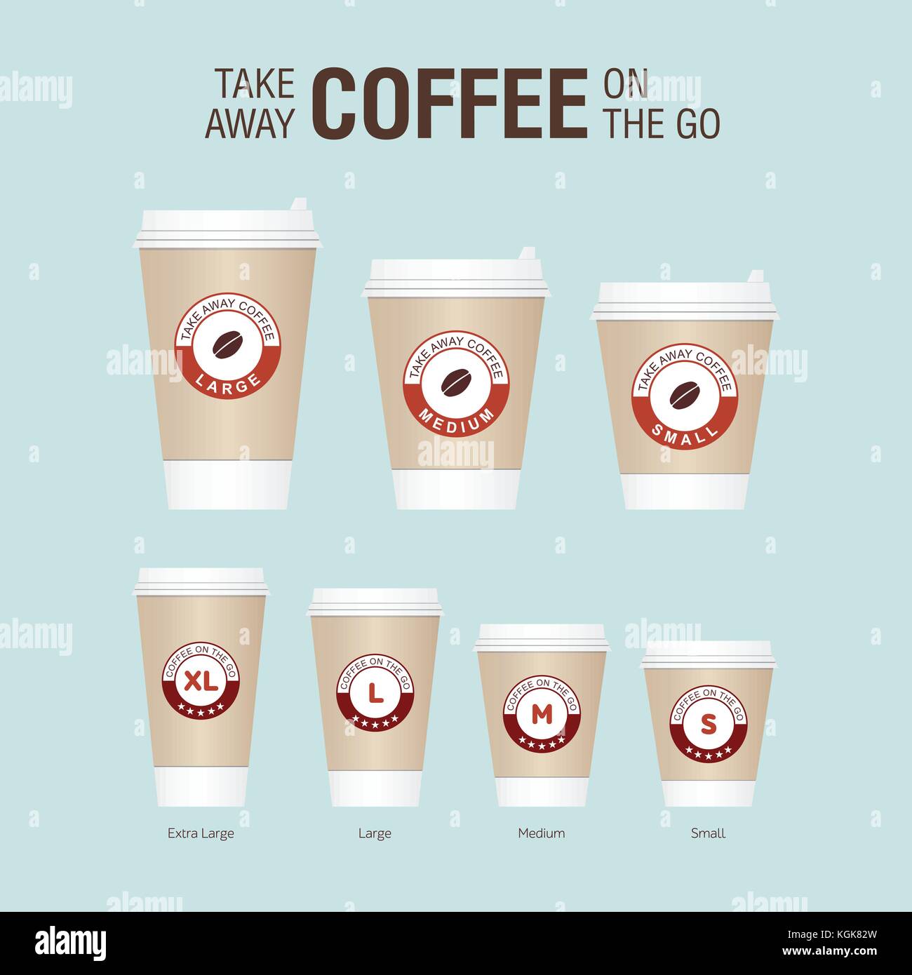 Kaffee auf der go Tassen. verschiedene Größen nehmen Sie Papier Kaffeetassen Vector Illustration. Stock Vektor
