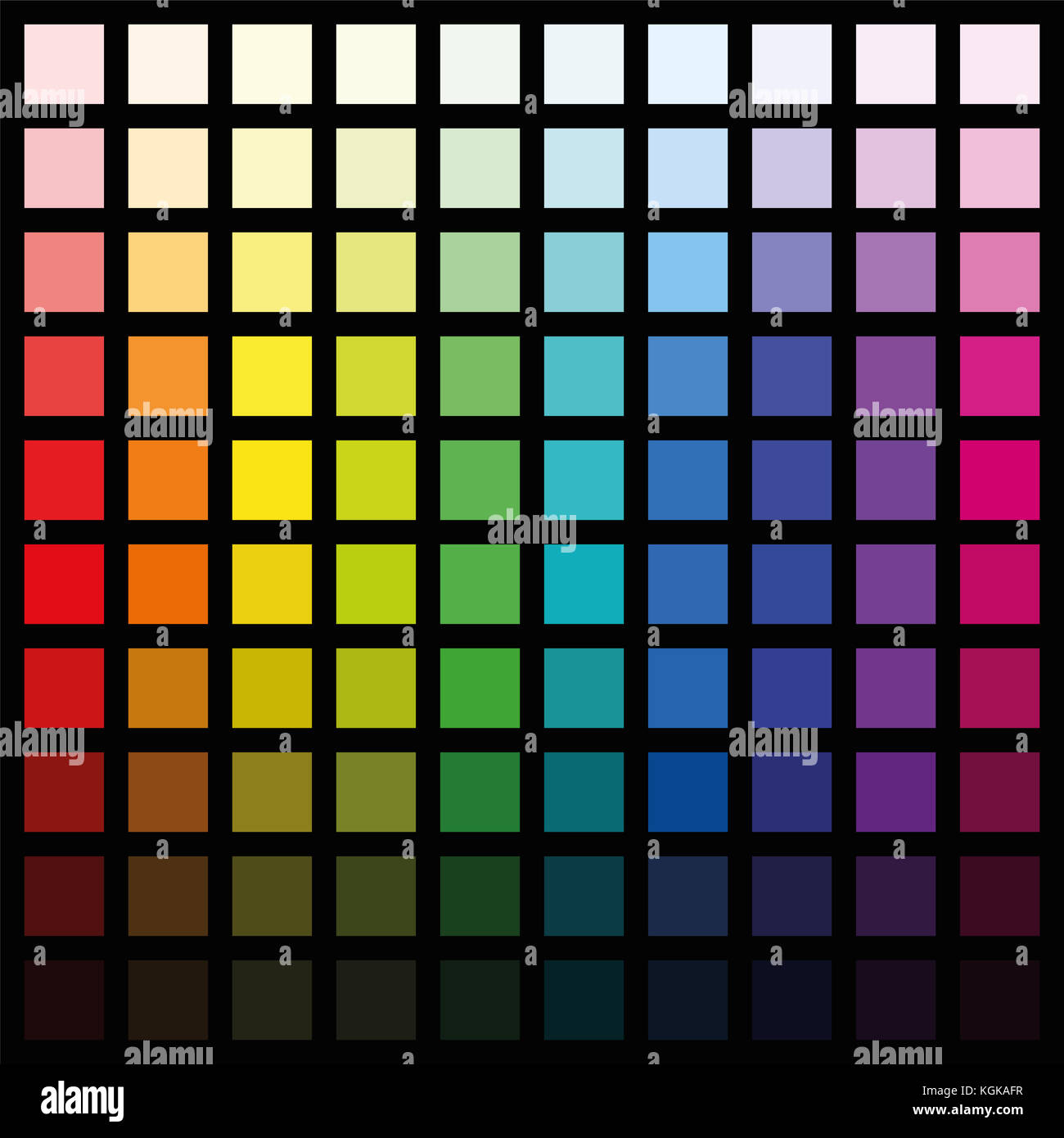 Hundert verschiedene farbige Quadrate - Farbe und Muster in verschiedenen Sättigung von hell bis dunkel - quadratische Format Abbildung auf Schwarz. Stockfoto