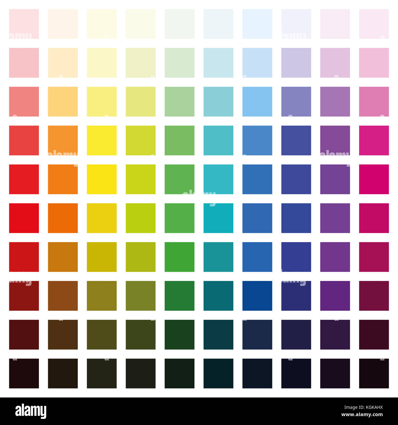 Farbspektrum Chart mit hundert verschiedene Farben in verschiedenen Sättigung von hell bis dunkel - quadratische Format Abbildung auf weißen Hintergrund. Stockfoto