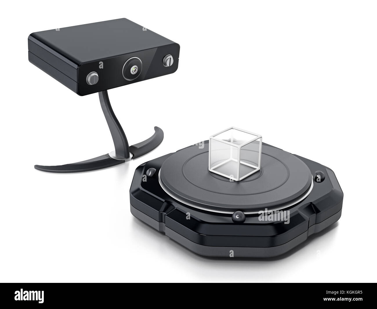 Fiktive 3D-Scanner auf weißem Hintergrund. 3D-Darstellung. Stockfoto