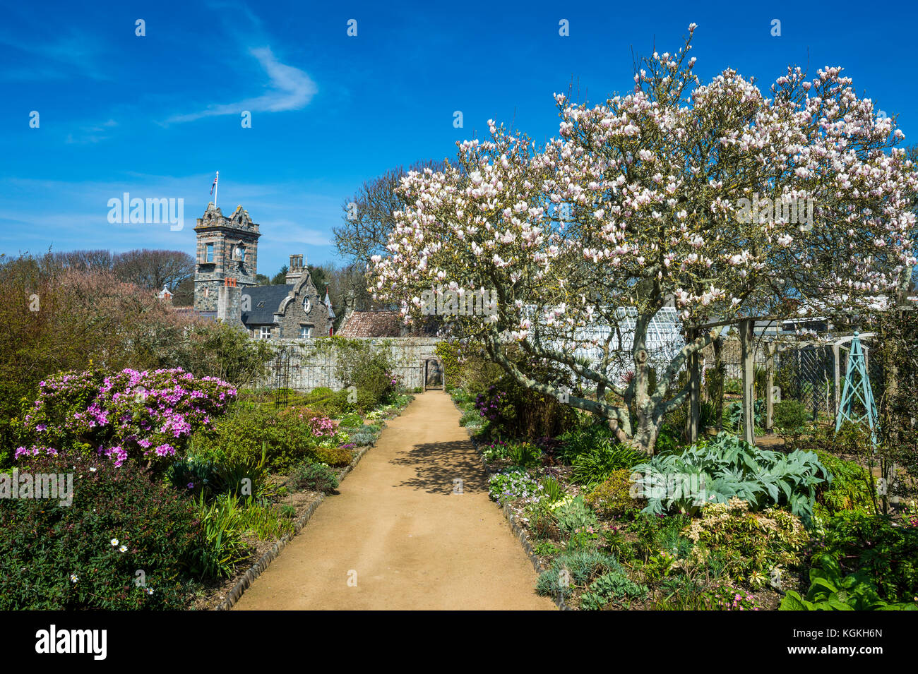 La Seigneurie Gärten mit historischen Haus, Sark Insel, Channel Islands, Großbritannien Stockfoto
