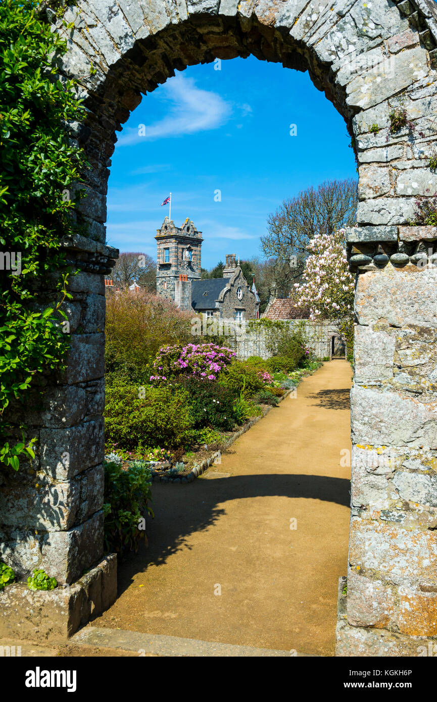 La Seigneurie Gärten mit historischen Haus, Sark Insel, Channel Islands, Großbritannien Stockfoto