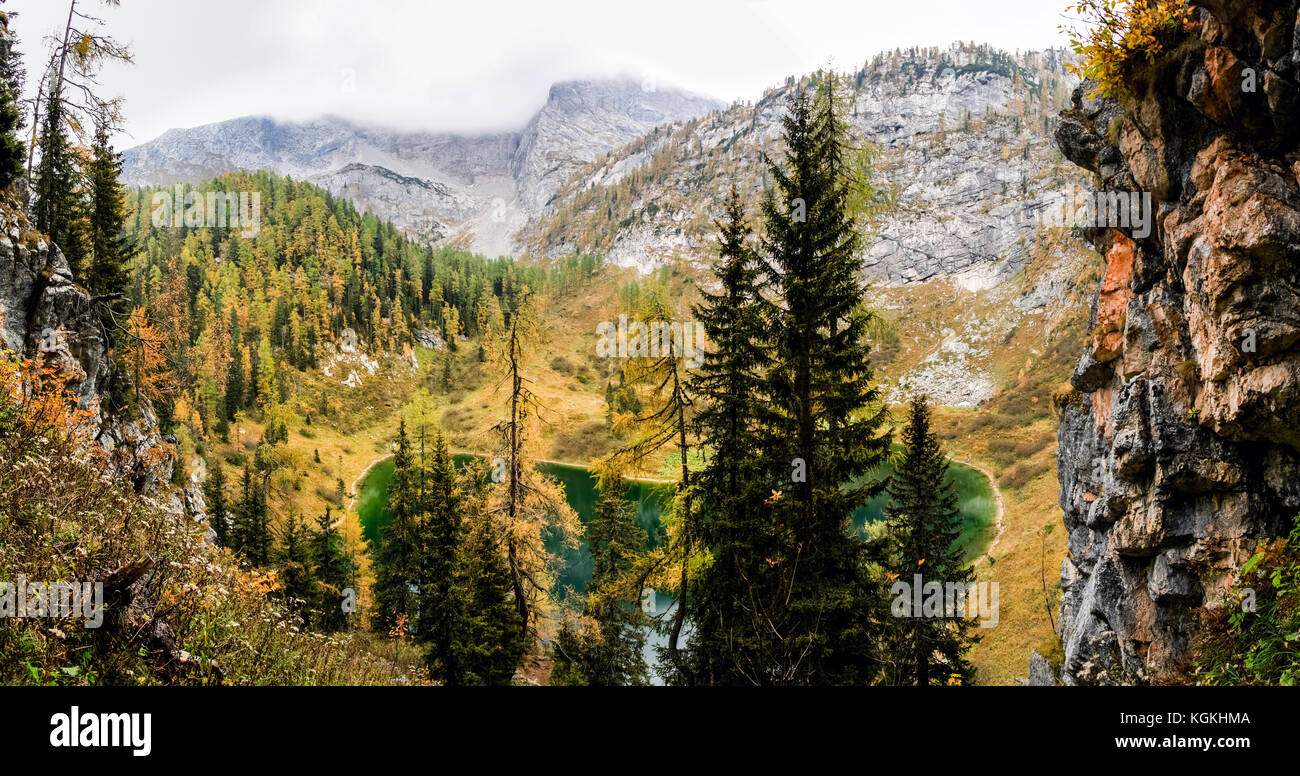 Bunte Lärchen mit Bergen und See. Nationalpark Berchtesgaden. Stockfoto