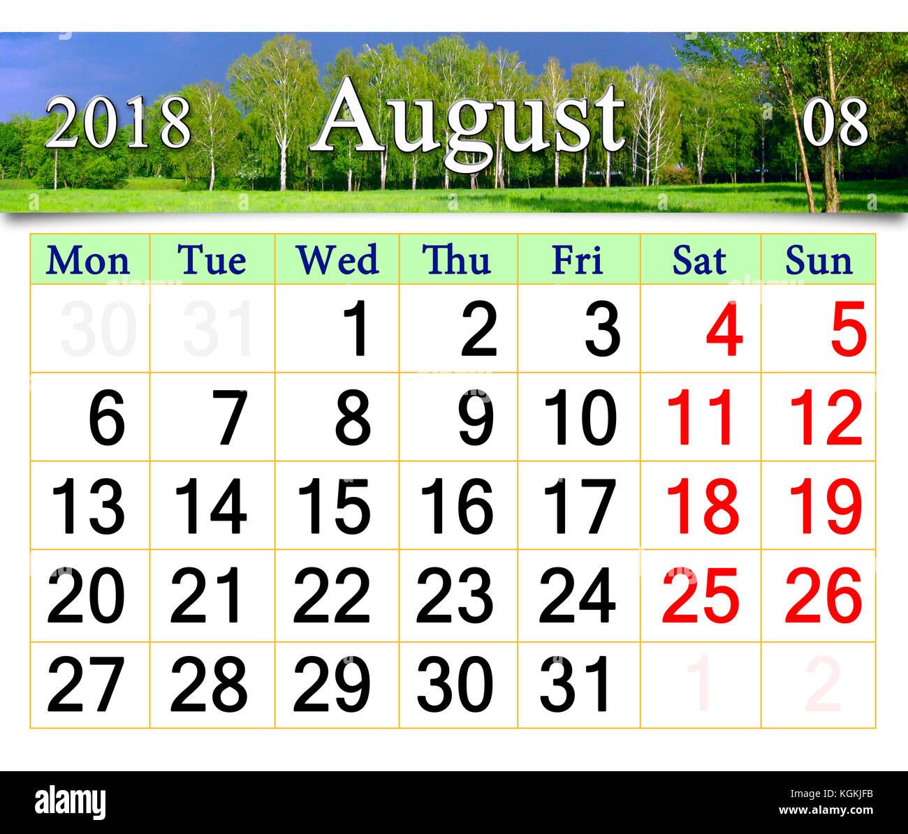 Kalender für August 2018 mit Landschaft mit gewitterwolken unter den Wald Stockfoto