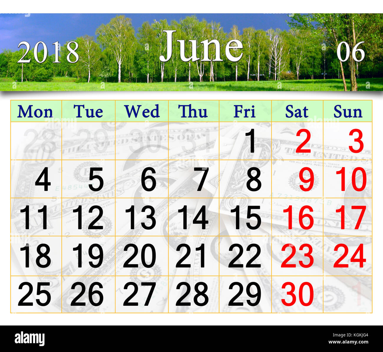 Kalender für Juni 2018 mit Landschaft mit gewitterwolken unter den Wald Stockfoto