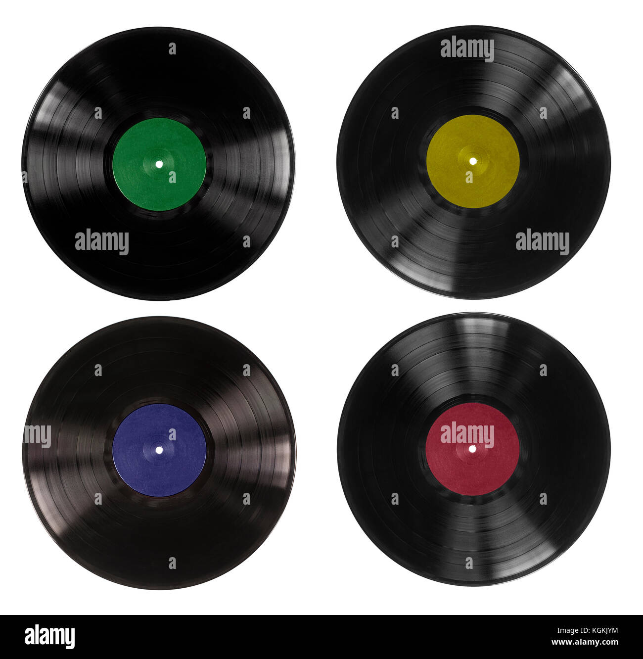 Schallplatten mit bunten Labels auf weißem Hintergrund Stockfoto