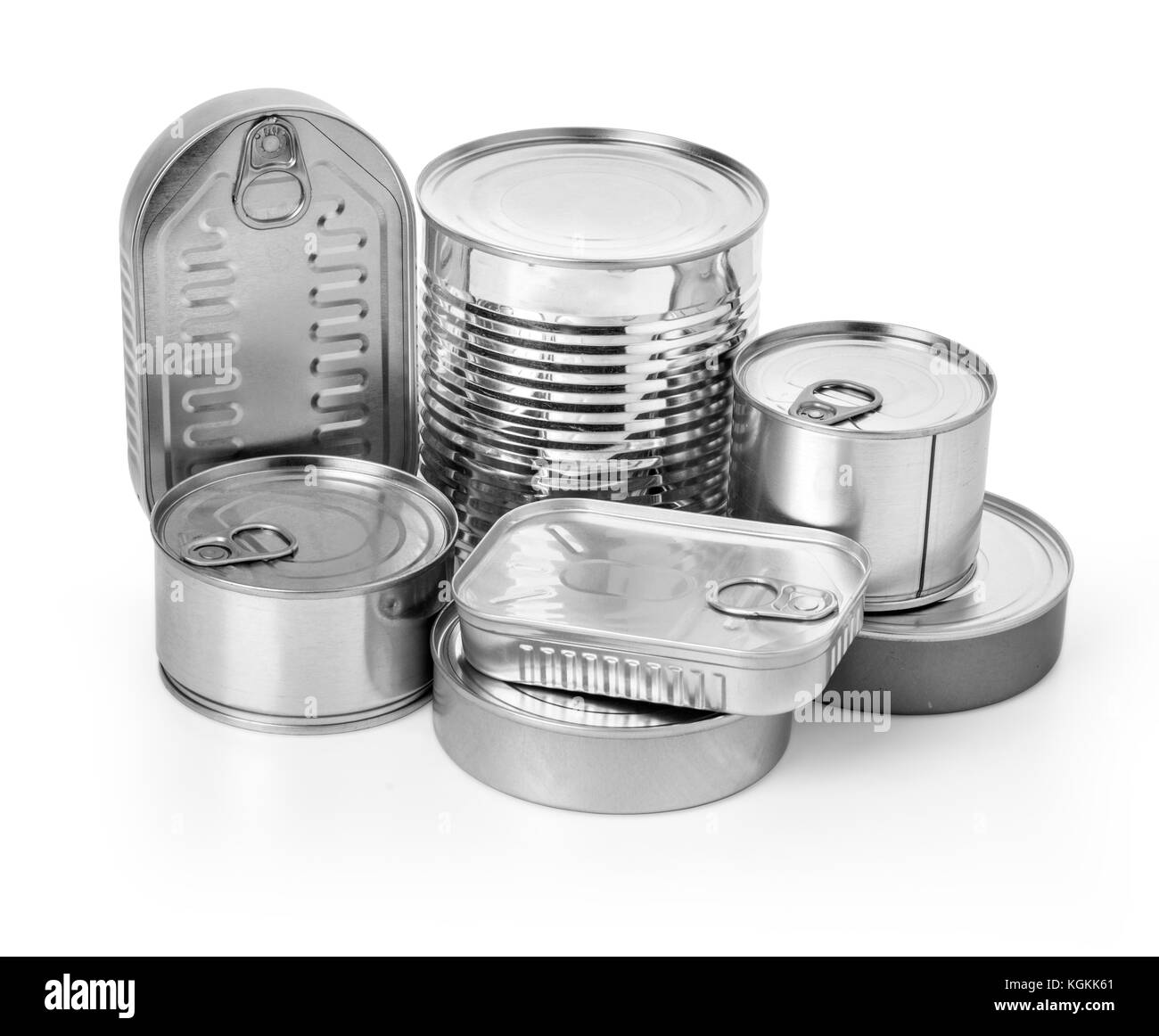 Die Dosen aus Metall auf einem weißen Hintergrund. mit Freistellungspfad Stockfoto